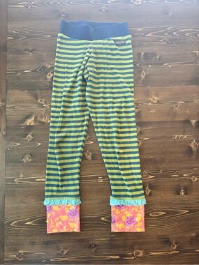 Matilda Jane Navy and Green Striped Leggings with Pink Floral Cuffs